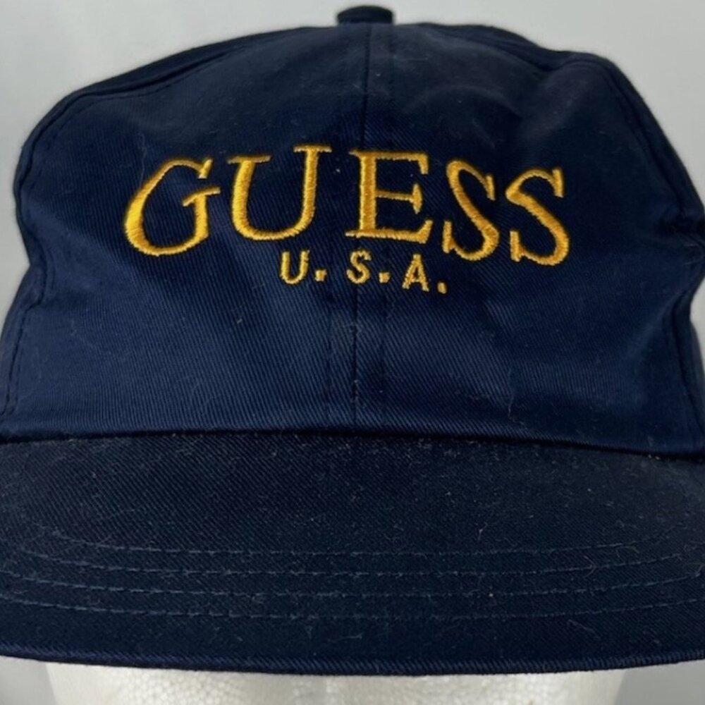 Vintage Unworn Guess USA Navy Blue Snapback Cap Hat Embroidered Adjustable